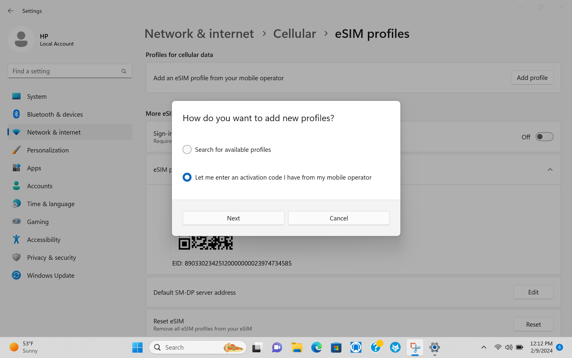 Wide | Windows 11 settings dialog to add eSIM using an activation code