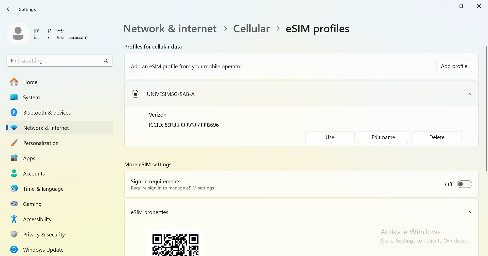Wide | Windows 11 settings screen showing installed Verizon eSIM profile options