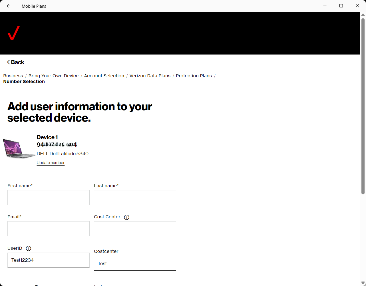 Wide | Verizon business portal user information details setup screen
