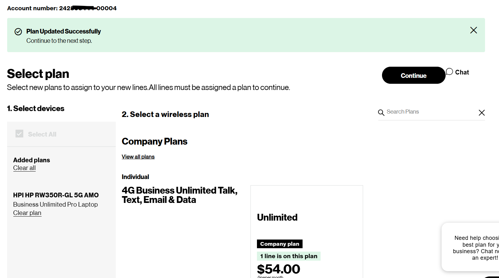Wide | Enterprise account plan selection screen with confirmation banner