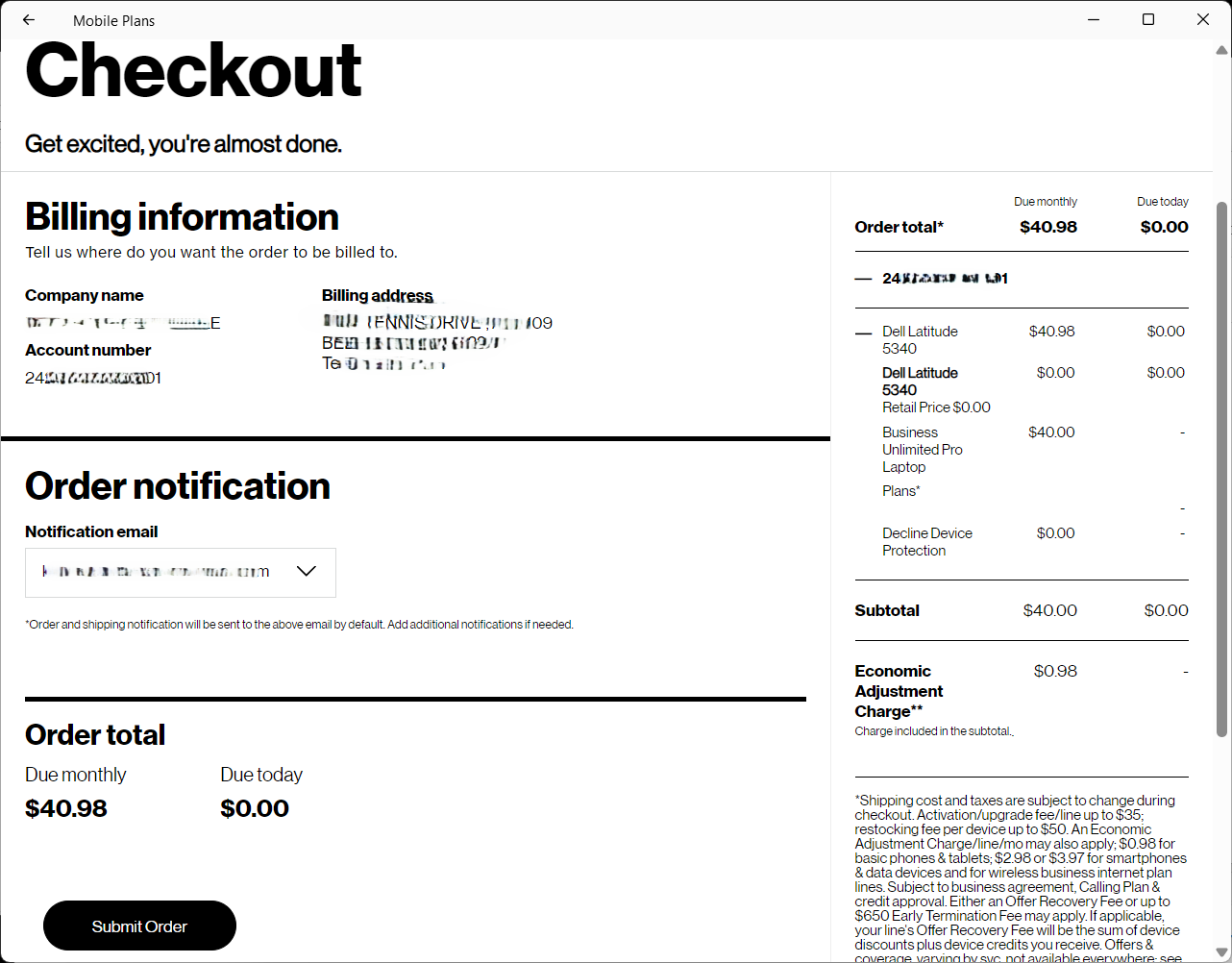 Wide | Desktop application checkout step showing billing information and order total