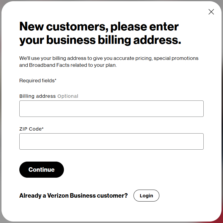 Tile | New customer business billing address entry pop-up modal screen