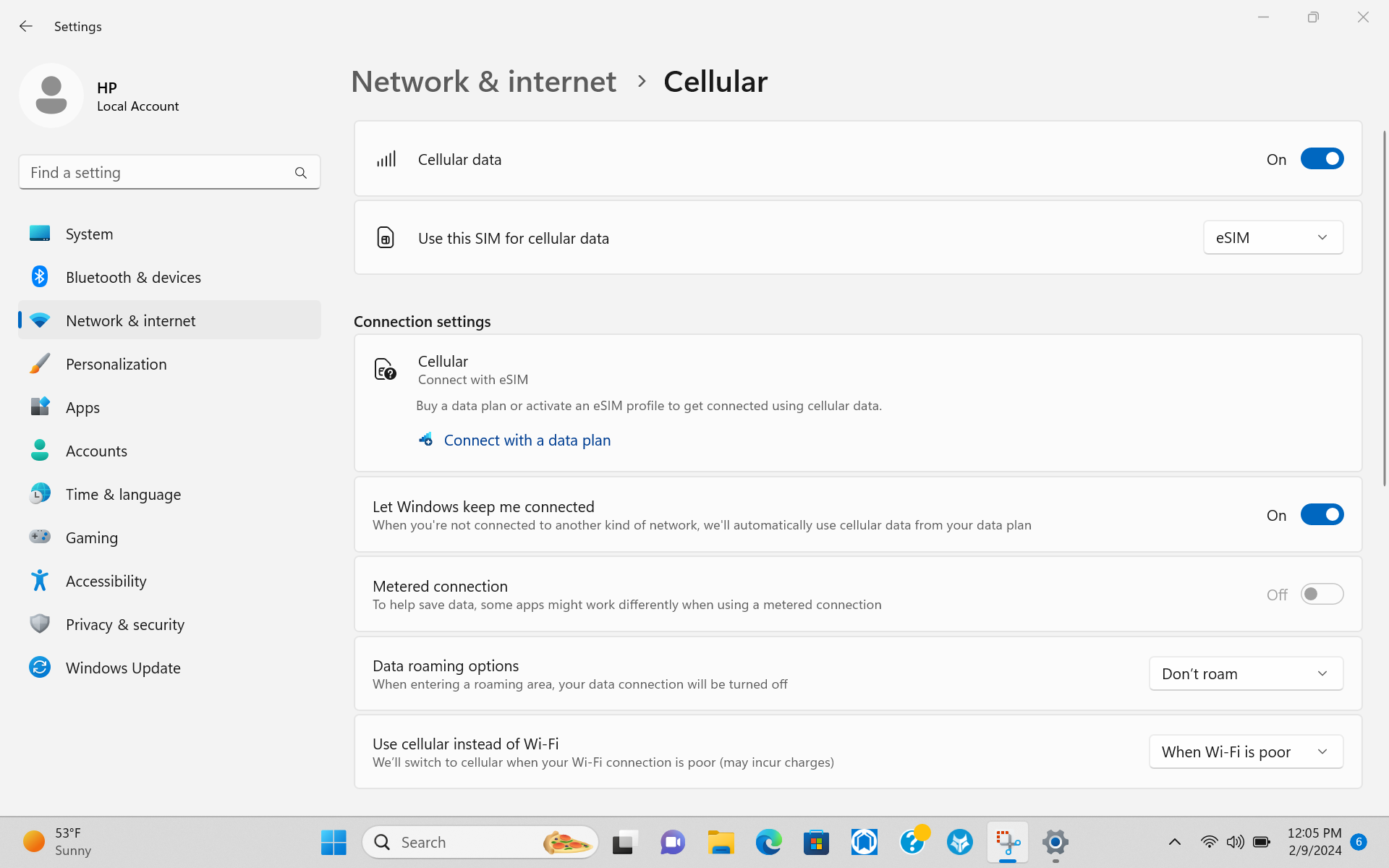 Wide | Windows 11 Network and Internet Cellular Settings Screen