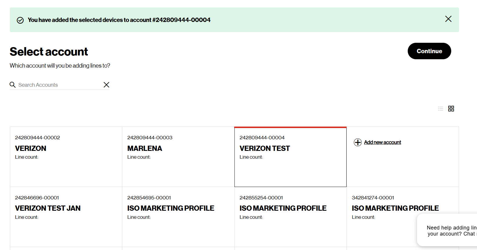 Wide | Verizon business web portal select account step with grid dashboard