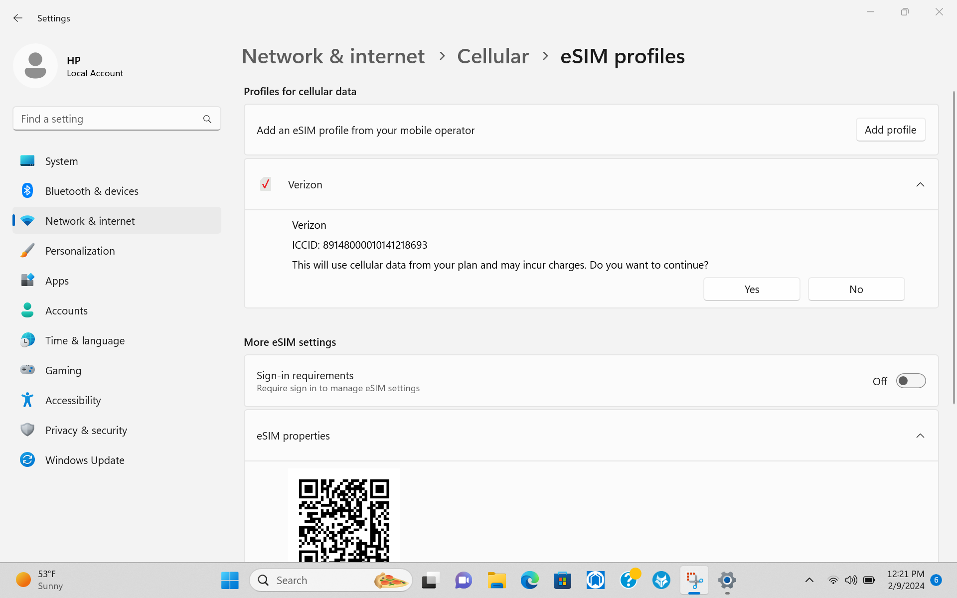 Wide | Windows 11 Settings Screen Prompt to Use Verizon Cellular Data