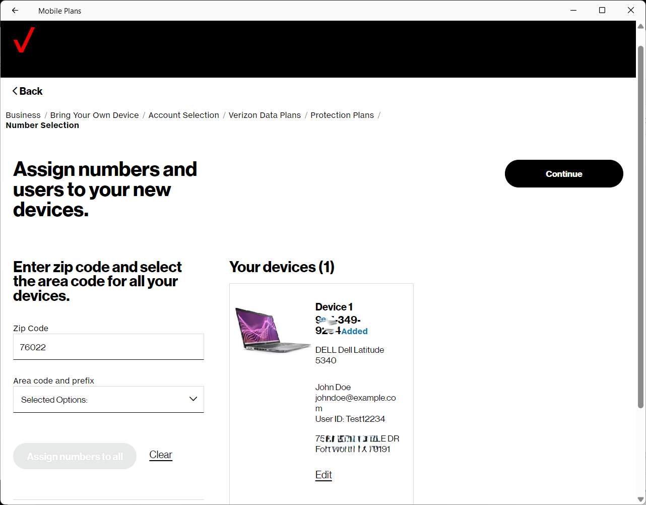 Wide | Verizon business portal device number assignment configuration screen