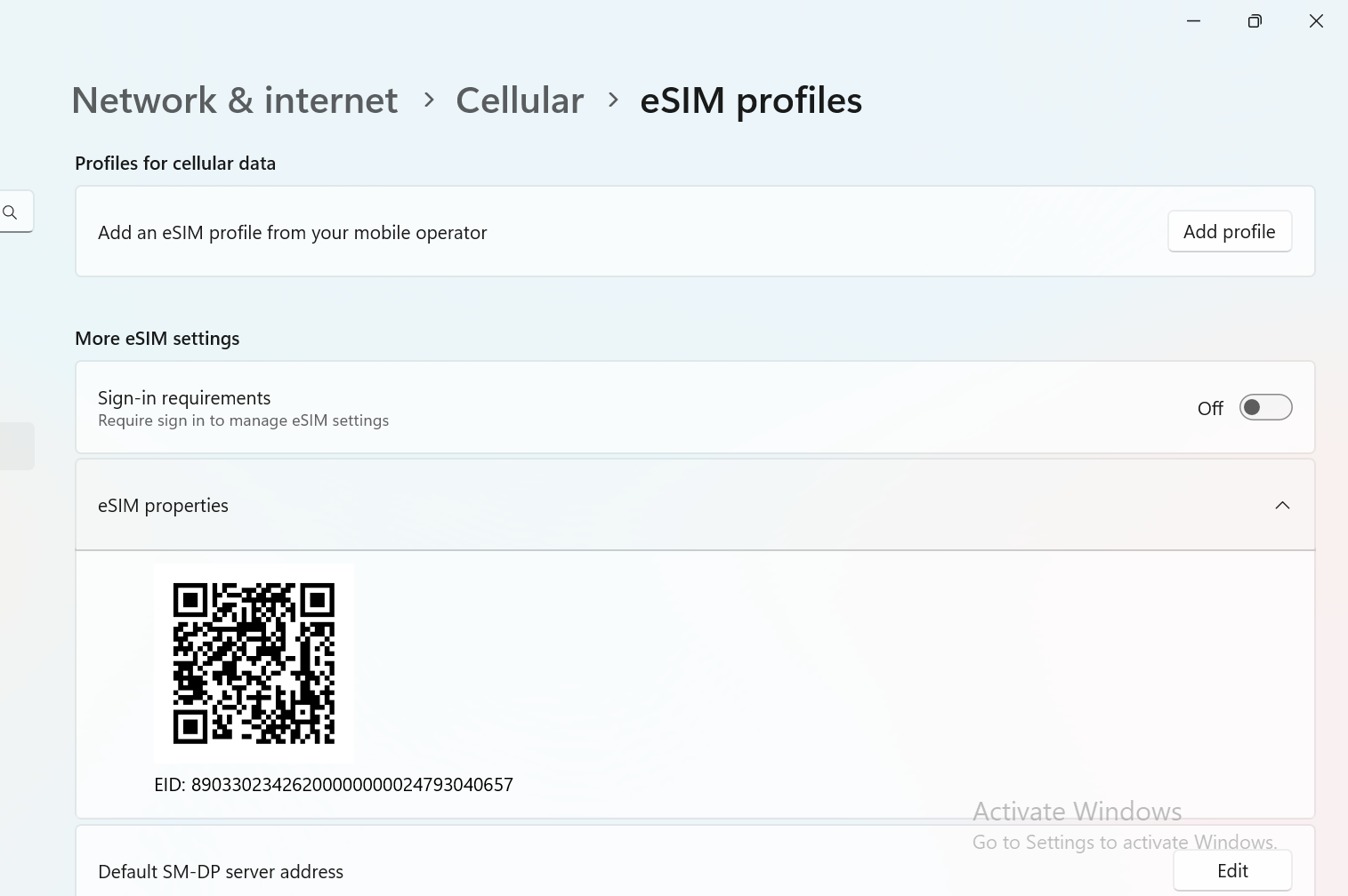 Wide | Windows settings screen displaying eSIM profiles and EID QR code