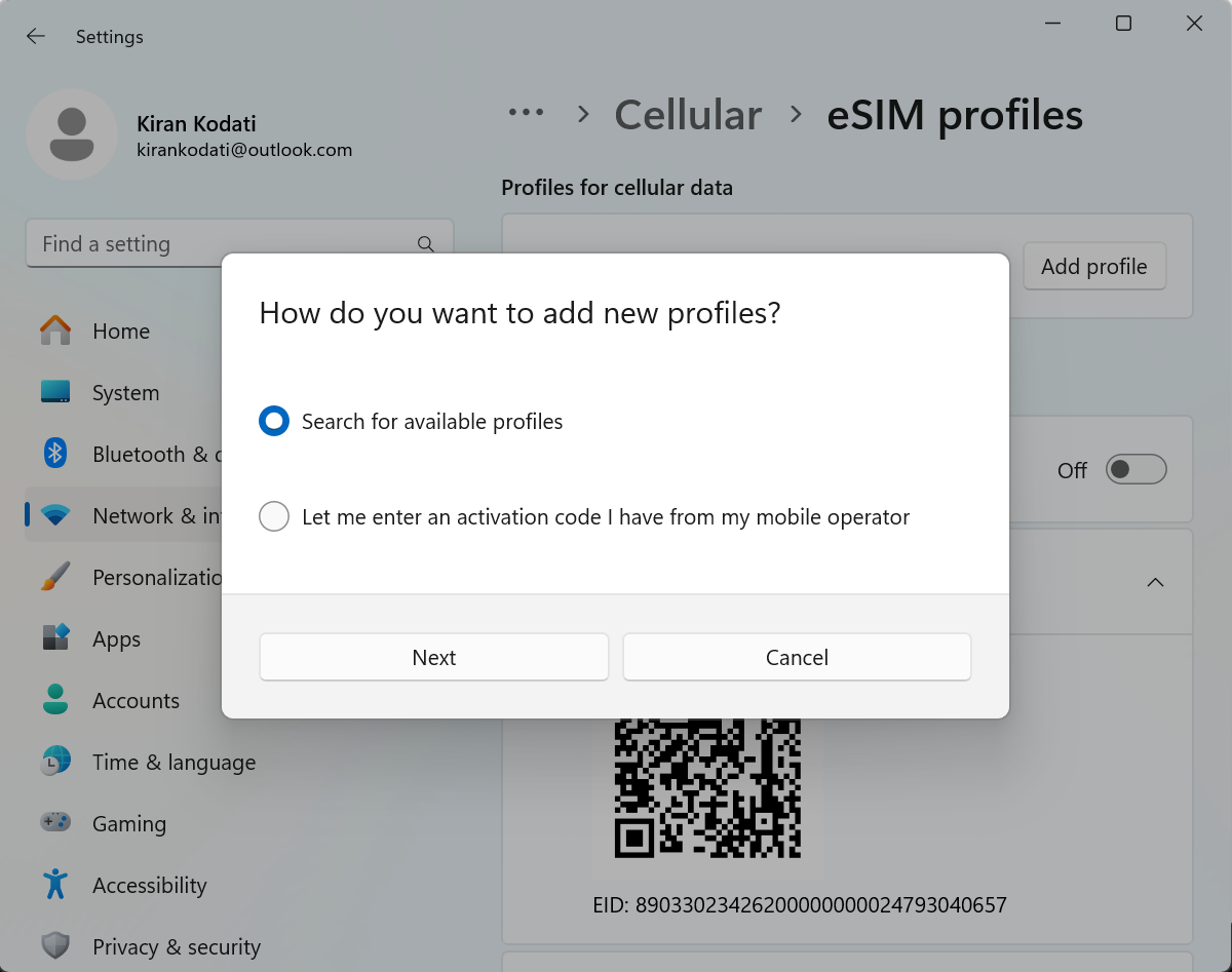 Wide | Windows settings dialog to add new eSIM profiles