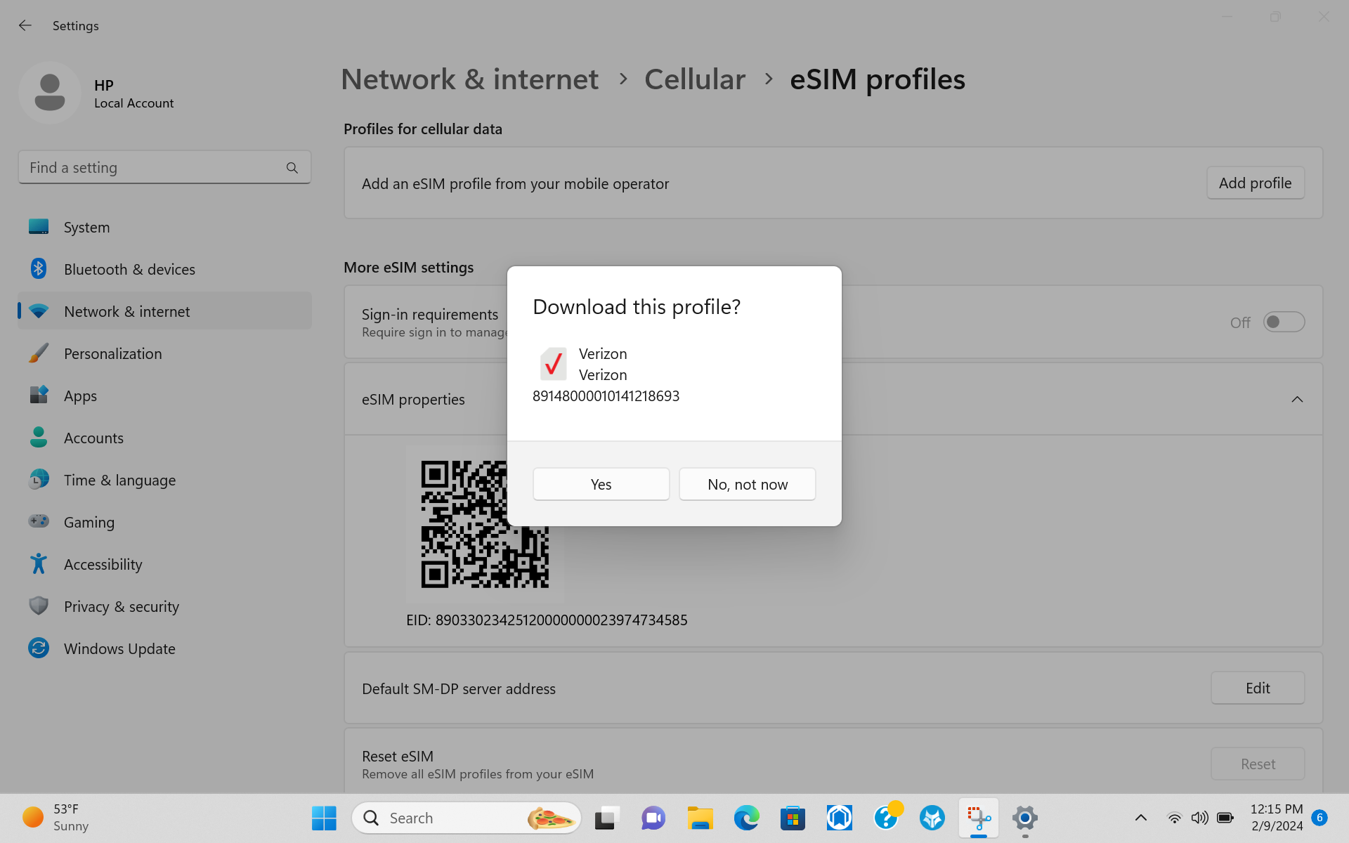 Wide | Windows 11 settings dialog to download Verizon eSIM profile