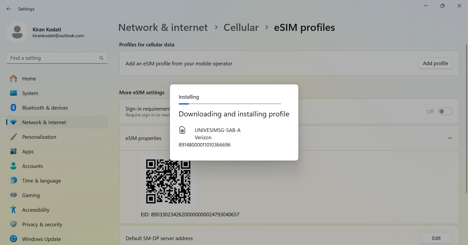 Wide | Windows Settings Dialog Downloading and Installing Verizon eSIM Profile