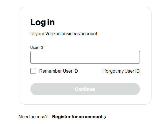 Tile | Verizon Business account portal login card with User ID field