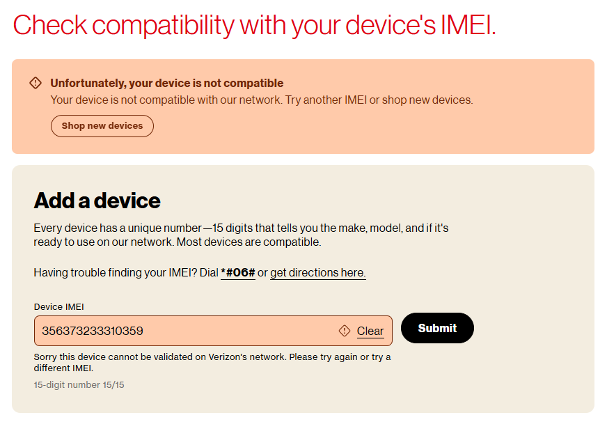 Tile | Device IMEI compatibility check screen showing network incompatibility error message