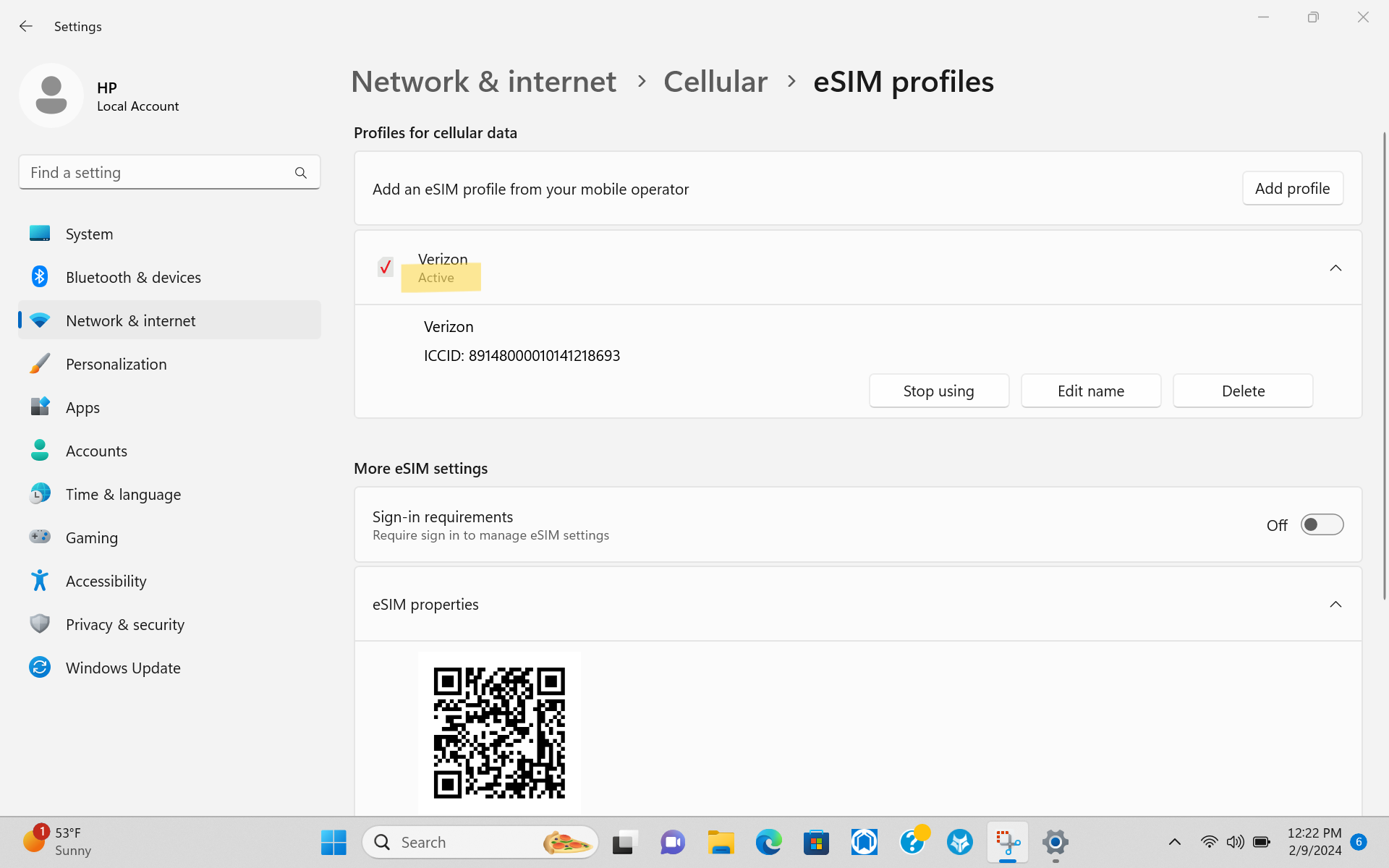 Wide | Windows 11 Settings Screen Showing Active Verizon eSIM Profile