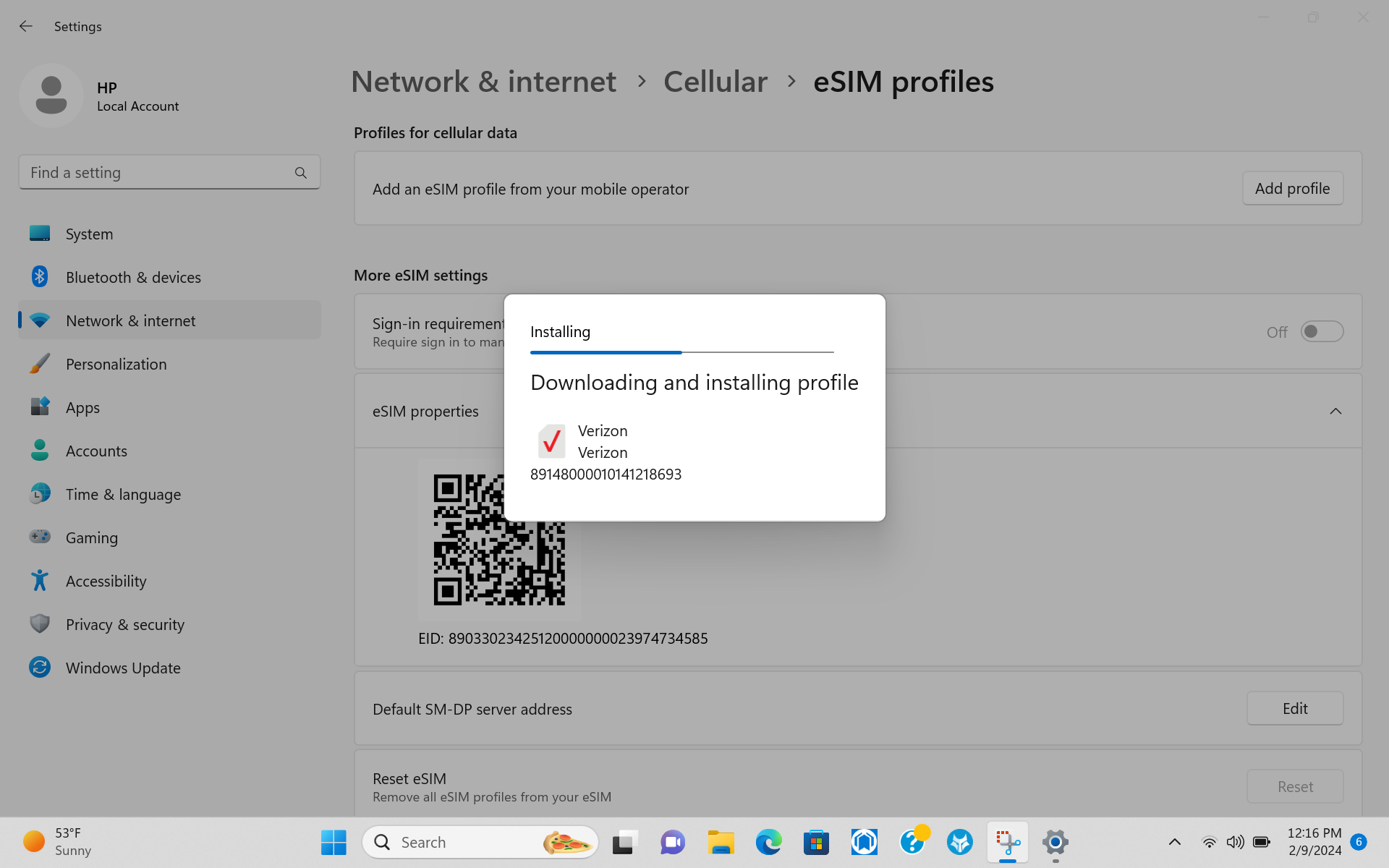 Wide | Windows 11 Settings Dialog Downloading and Installing Verizon eSIM Profile