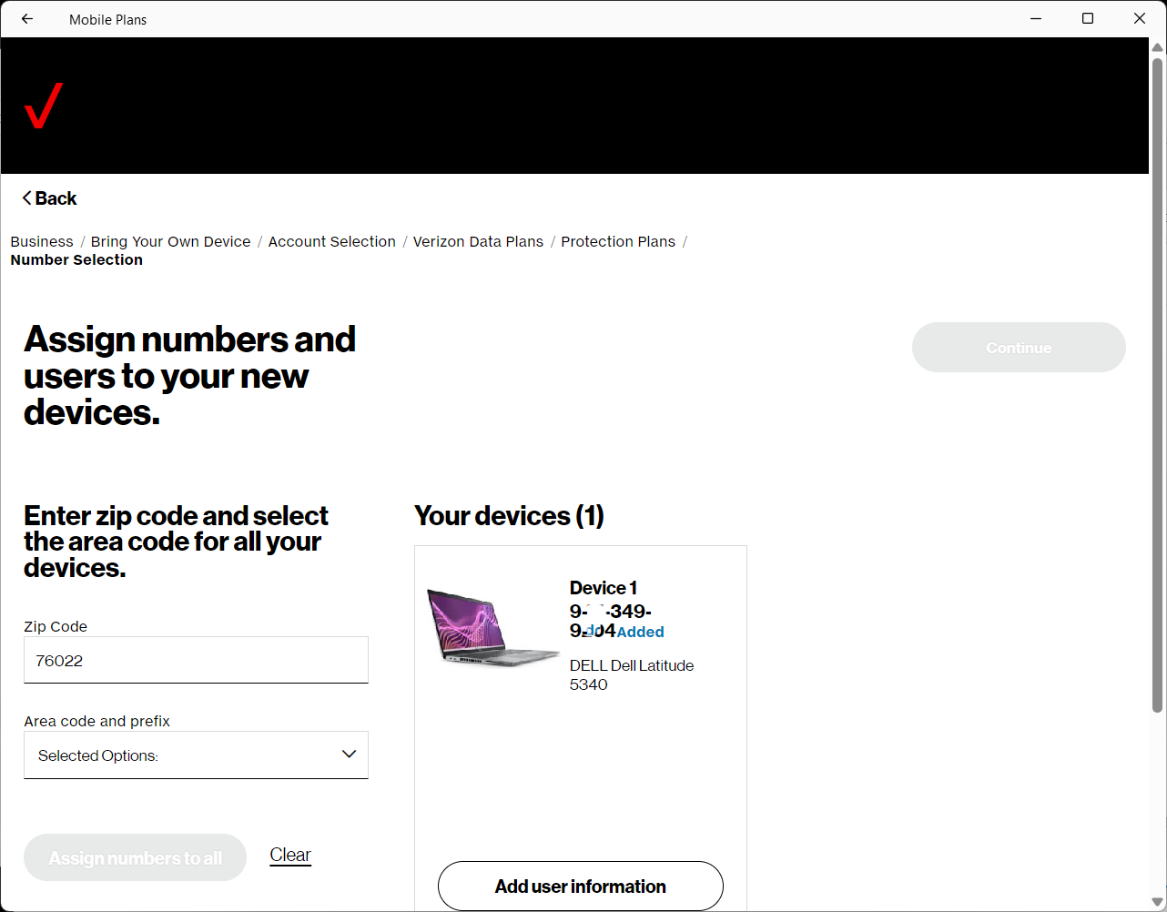 Wide | Verizon business portal device number assignment with add user information button
